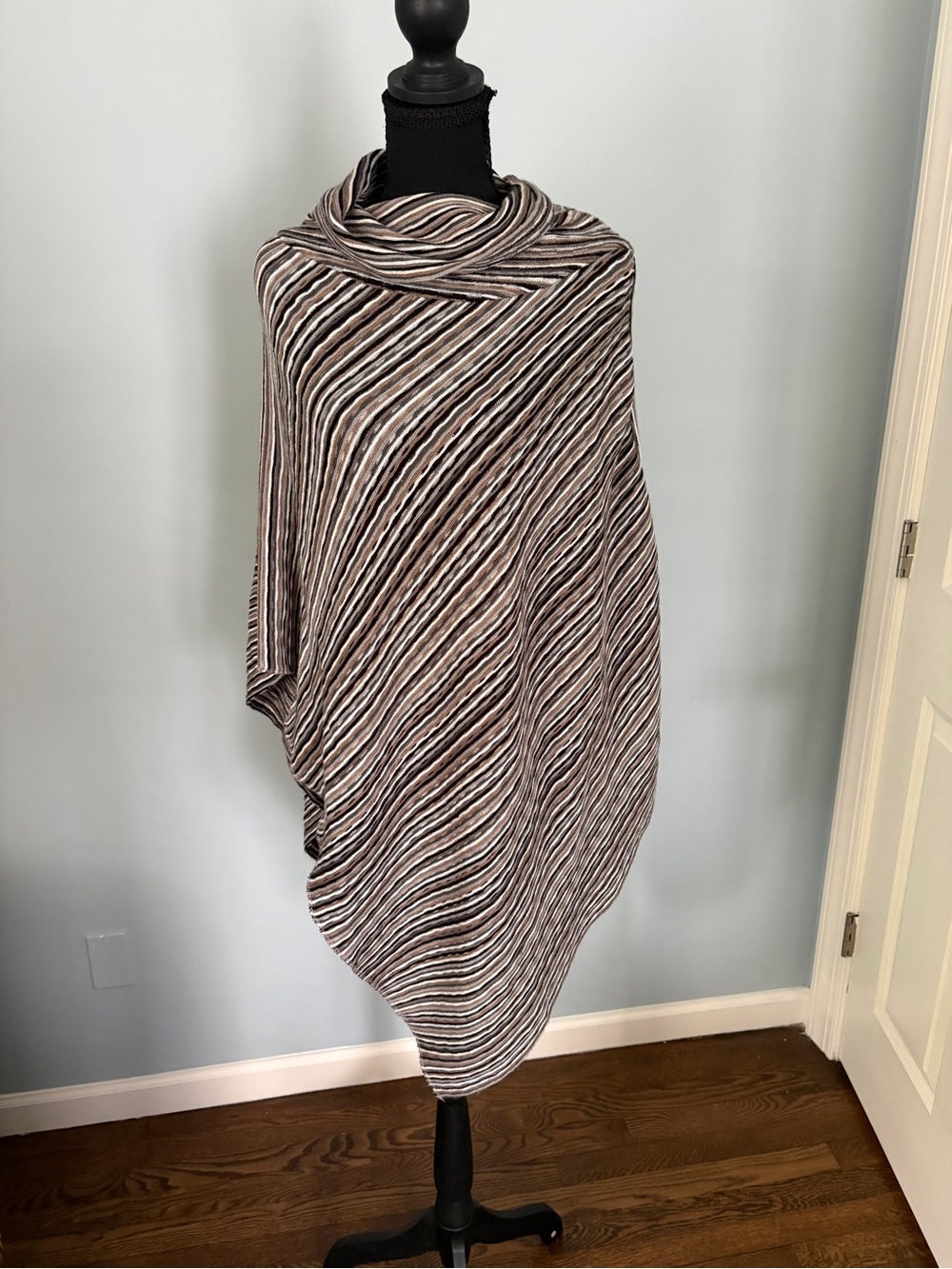 Striped Poncho Wrap in Brown, Black & Cream with Fun Fringed Hem